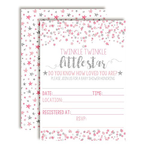 Pink & Silver Twinkle Little Star Baby Shower Invitations for Girls, 20 5"x7" Fill in Cards with Twenty White Envelopes by AmandaCreation