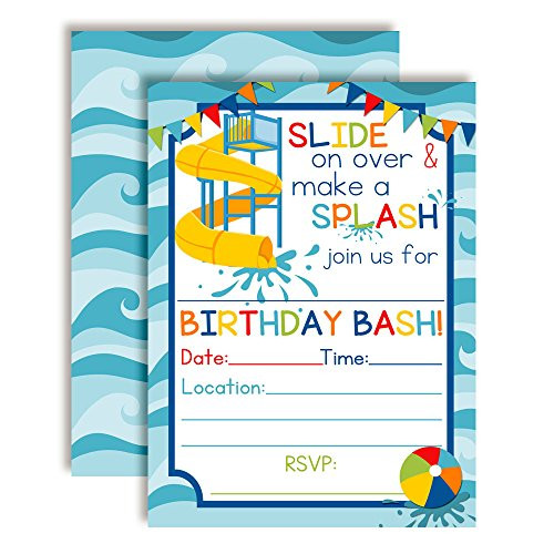 Waterslide Summer Fun Birthday Party Invitations for Boys, 20 5"x7" Fill in Cards with Twenty White Envelopes by AmandaCreation