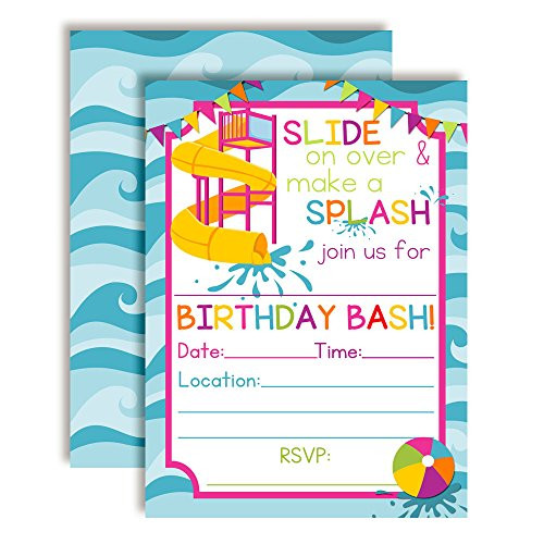 Waterslide Summer Fun Birthday Party Invitations for Girls, 20 5"x7" Fill in Cards with Twenty White Envelopes by AmandaCreation