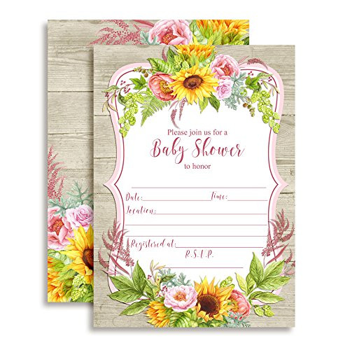 Watercolor Sunflower & Peony Floral Spring Baby Shower Invitations, 20 5"x7" Fill in Cards with Twenty White Envelopes by AmandaCreation