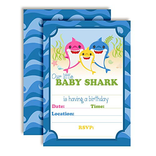 Little Shark Baby Themed Birthday Party Invitations, 20 5"x7" Fill in Cards with Twenty White Envelopes by AmandaCreation