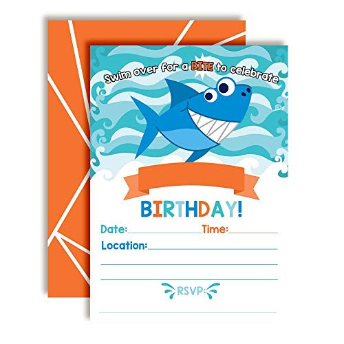 Smiling Shark Bite Birthday Party Invitations, 20 5"x7" Fill in Cards with Twenty White Envelopes by AmandaCreation