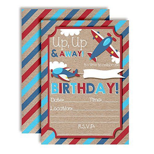 Up & Away Airplane Themed Birthday Party Invitations, 20 5"x7" Fill in Cards with Twenty White Envelopes by AmandaCreation Up & Away Airplane Themed Birthday Party Invitations, 20 5"x7" Fill in Cards with Twenty White Envelopes by AmandaCreation