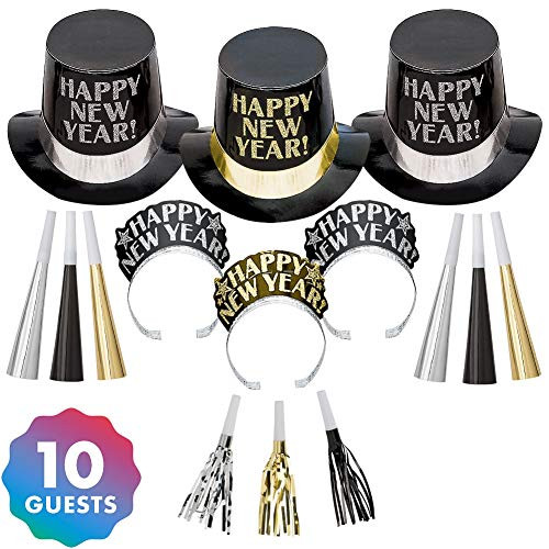 Amscan Midnight Elegance Black, Gold and Silver New Year's Party Kit for 10, Includes Top Hats and Tiaras