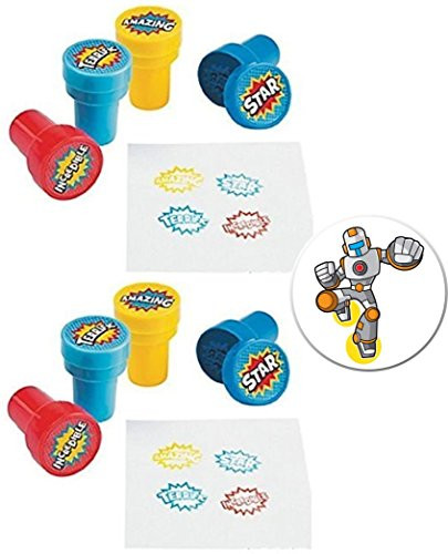 Mixed 48 Plastic Superhero Stamps Stampers for Superhero Theme Parties Plus a Superhero Button
