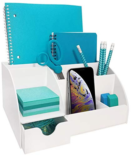 White Acrylic Office Desk Organizer with Drawer, 9 Compartments, All in One Office Supplies and Cool Desk Accessories Organizer, Pen Holder, Enhance Your Office Decor with This Desktop Organizer