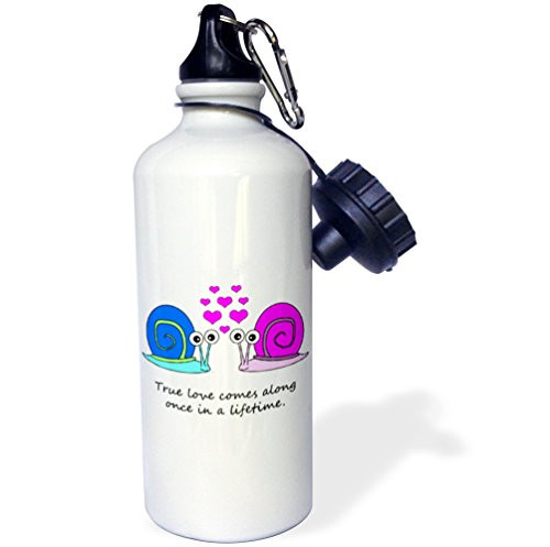 3dRose wb_6155_1"True Love Comes Along Once in a Lifetime Cute Snails Design" Sports Water Bottle, 21 oz, White