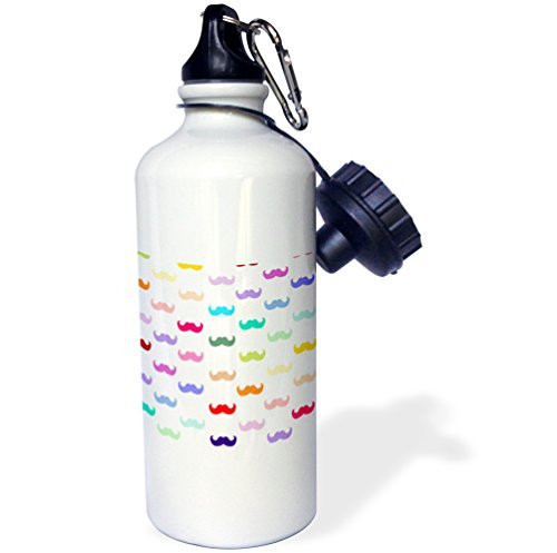 3dRose wb_56656_1 Colorful Rainbow Mustache Pattern on White Aka Multicolored Multicolor Funny Humorous Mustaches Sports Water Bottle, 21 oz, White