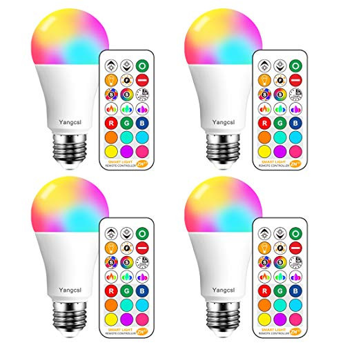 Yangcsl LED Light Bulbs 75W Equivalent, RGB Color Changing Light Bulb, 6 Moods - Memory - Sync - Dimmable, A19 E26 Screw Base, Timing Remote Control Included (Pack of 4)