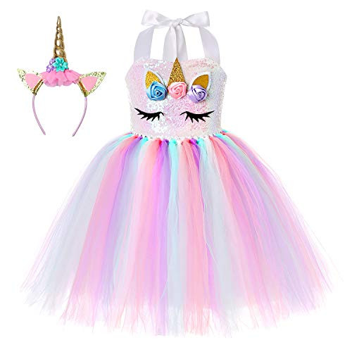 Cuteshower Girl Unicorn Costume, Baby Unicorn Tutu Dress Outfit Princess Party Costumes with Headband (7-8 Years, Rainbow Color)