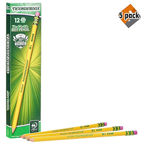 TICONDEROGA Pencils, Wood-Cased #2 HB Soft, Pre-Sharpened with Eraser, Yellow, 12-Pack (13806) - 5 Pack