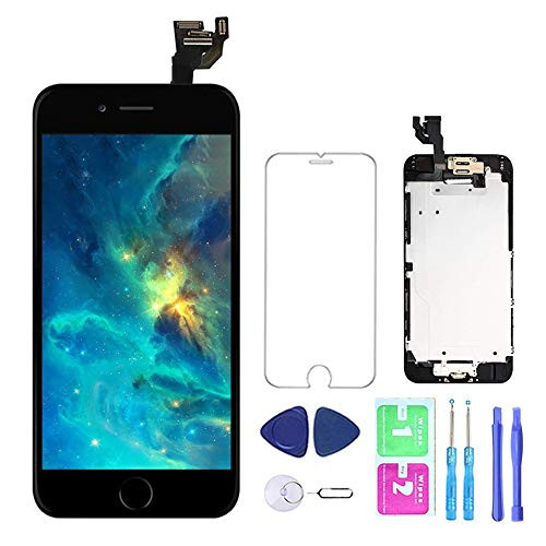 Screen Replacement for iPhone 6 Black 4.7Full Assembly LCD Display Touch Digitizer with Front Camera Home Button Proximity Sensor Earpiece Speaker Screen Protector, Repair Tools