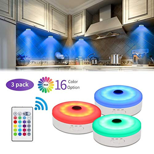 Bason Puck Lights with Remote,Under Cabinet led Lighting,RGB Wireless Rechargeable Light for Closet,Display case,3 Pack