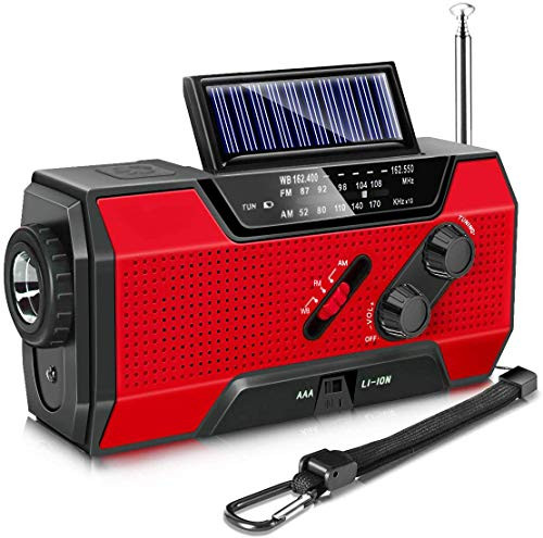 Emergency Solar Hand Crank Portable Radio, AM/FM/NOAA Weather Radio for Household and Outdoor Emergency, with LED Flashlight, Reading Lamp, 2000mAh Power Bank USB Charger and SOS Alarm Red Emergency Solar Hand Crank Portable Radio, AM/FM/NOAA Weather Radio for Household and Outdoor Emergency, with LED Flashlight, Reading Lamp, 2000mAh Power Bank USB Charger and SOS Alarm Red