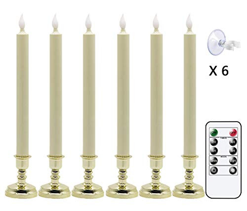 Eldnacele Flameless Battery Operated Flickering Taper Candles with Remote Timer, LED Window Candles with Suction Cups, Set of 6 Gold Holders for Party Home Christmas Decoration