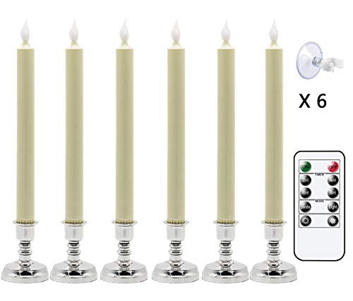 Eldnacele Flameless Battery Operated Flickering Taper Candles with Remote Timer, LED Window Candles with Suction Cups, Set of 6 Silver Holders for Party Home Christmas Decoration