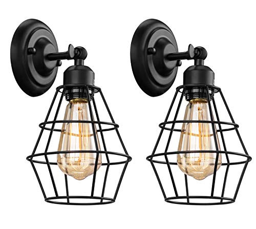 Elibbren Industrial Wall Sconce, 2 Pack, Vintage Wire Cage Wall Lighting Sconce, Farmhouse Wall Lighting Fixture for Bedroom, Headboard,Garage, Porch