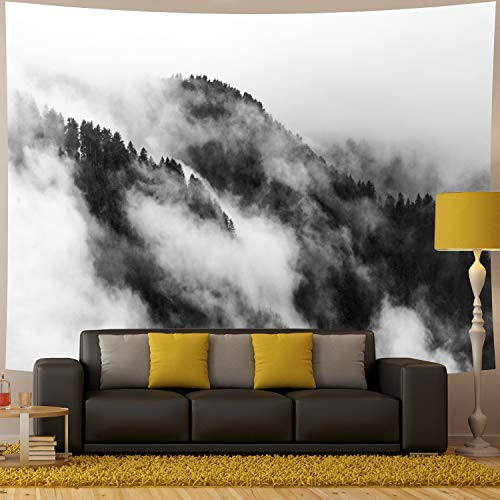 Amhokhui Misty Forest Tapestry Mountain Tapestry Black and White Tapestry Wall Hanging Fantastic Fog Magical Trees Tapestry 3D Vision Nature Landscape Tapestry (XL/70.8" × 90.5", Misty)