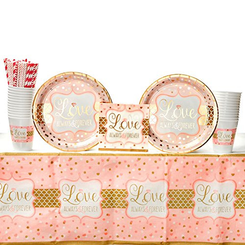 Sparkling Wedding Party Supplies Pack for 16 Guests: Straws, Dinner Plates, Luncheon Napkins, Table Cover, and Cups