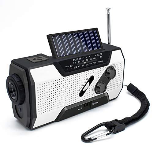 Emergency Solar Hand Crank Portable Radio, AM/FM/NOAA Weather Radio for Household and Outdoor Emergency, with LED Flashlight, Reading Lamp, 2000mAh Power Bank USB Charger and SOS Alarm White Emergency Solar Hand Crank Portable Radio, AM/FM/NOAA Weather Radio for Household and Outdoor Emergency, with LED Flashlight, Reading Lamp, 2000mAh Power Bank USB Charger and SOS Alarm White