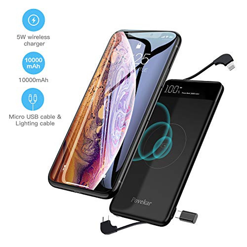 Wireless Power Bank Portable Charger 10000mAh High Capacity Glass Panel with LED Digital Display, 3 USB Input/Output Ports, External Battery Pack with Dual Cables for Phone (Matte Surface)