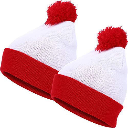 SATINIOR 2 Pieces Halloween Beanie Hat Pom Pom Knit Hat Cute Red White Knitted Beanie Hat for Halloween Themed Costume Accessory