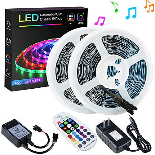 SPARKE Dreamcolor Led Strip Lights, 32.8ft/10m Music-Sync LED Tape Light, 300 Pixels RGB 5050 WS2811B Non-Waterproof Strip with RF Remote and Power Supply, Chasing Effect for Home Interior Parties