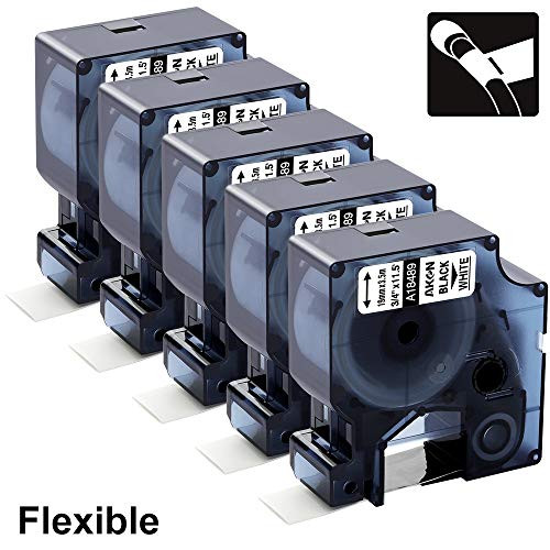 5-Pack 18489 Rhino Flexible Nylon Industrial Label Tape 3/4 19mm Cartridge Work with DYMO Rhino 5200 4200 6000 5000 3m pl200 LabelWriter Label Maker, Black on White
