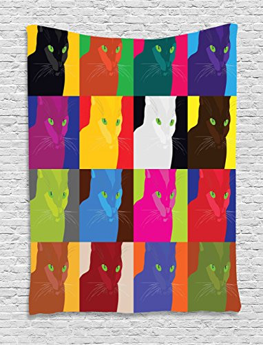 Ambesonne Cat Decor Tapestry by, Pop Art Style Featured Fractal Kitty Portraits Frame with Color Effects Artsy Print, Wall Hanging for Bedroom Living Room Dorm, 40WX60L Inches, Multi