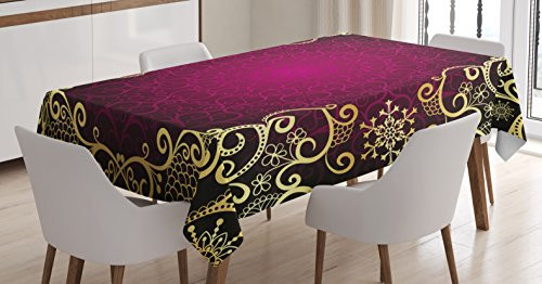 Ambesonne Mandala Tablecloth, Vintage Frame with Curls Snowflake Motifs Abstract Retro, Dining Room Kitchen Rectangular Table Cover, 52" X 70", Yellow Fuchsia