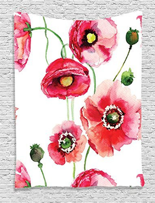 Ambesonne Watercolor Flower Decor Collection, Stylized Poppy Flowers Buds Watercolor Painting Effect, Bedroom Living Kids Girls Boys Room Dorm Accessories Wall Hanging Tapestry, Dark Pink White