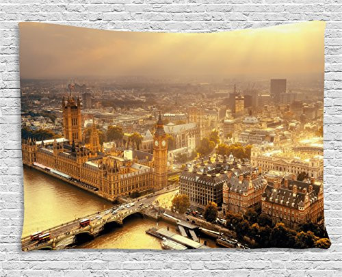 Ambesonne Cityscape Tapestry, Westminster Aerial View with Thames River and London Urban Cityscape Panoramic, Wide Wall Hanging for Bedroom Living Room Dorm, 60" X 40", Yellow
