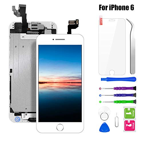 Pre-Assembled Screen Replacement for iPhone 6 4.7, LCD Display Touch Digitizer Replacement with Home Button, Front Camera, Proximity Sensor, Ear Speaker and Repair Tool Kits (White)