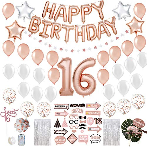 Sweet 16 Party Supplies WITH Photo Booth Backdrop and Props Rose Gold Sweet 16 Decorations  16th Birthday Party Supplies WITH Happy Birthday Banner, 16, Confetti and Mylar Balloons|Sweet Sixteen