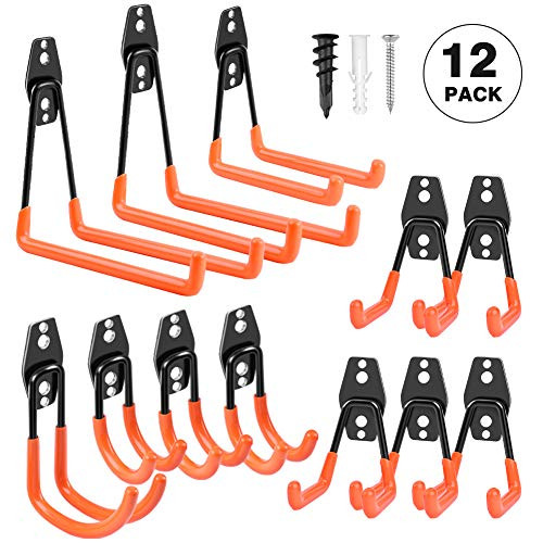 Garage Hooks Heavy Duty, Steel Garage Storage Hooks, Tool Hangers for Garage Wall Utility Wall Mount Garage Hooks and Hangers with Anti-slip Coating for Garden Tools, Ladders, Bulky Items (Pack of 12) Garage Hooks Heavy Duty, Steel Garage Storage Hooks, Tool Hangers for Garage Wall Utility Wall Mount Garage Hooks and Hangers with Anti-slip Coating for Garden Tools, Ladders, Bulky Items (Pack of 12)