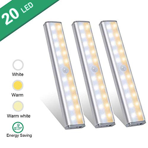 Under Cabinet Lighting,Vikano 20 LED Motion Sensor Closet Light Rechargeable,3 Color Mode Wireless Battery Operated Lights Bar for Kitchen Stair Hallway Under Counter Light (3 Pack)