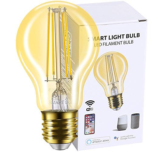 Smart WiFi LED Edison Light Bulb Amber Compatible with Amazon Alexa Google Assistant, App Control Dimmable A19 A60 E26 60W Equivalent Soft White 2700K Gold Glass Voice Control No Hub Required (1 Pack)
