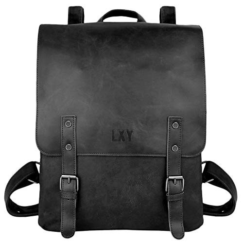 LXY Vegan Leather Backpack Vintage Laptop Bookbag for Women Men, Black Faux Leather Backpack Purse College School Bookbag Weekend Travel Daypack