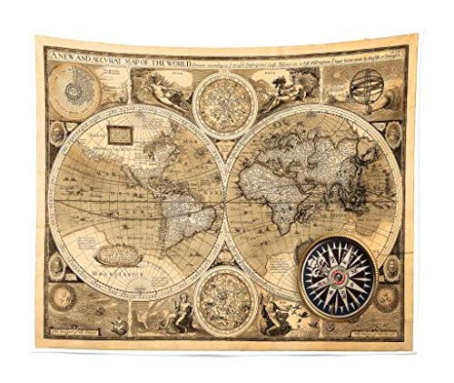 Ambesonne Wanderlust Tapestry King Size, Old Map 1626 a New and Accvrat Map of World Historical Manuscript, Wall Hanging Bedspread Bed Cover Wall Decor, 104" X 88", Pale Yellow