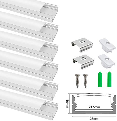 3.3ft/1Meter U-Shape 10x23mm LED Aluminum Channel System, for Interval Width 20mm LED Strip Light with Milky White Cover, Aluminum Channel with End Caps and Mounting Clips, Silver, 6Pack