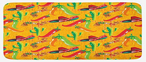 Lunarable Mexican Kitchen Mat, Elements with Cactus Hat and Chili Pepper Pattern Over Grunge Background Print, Plush Decorative Kithcen Mat with Non Slip Backing, 47" X 19", Dark Yellow