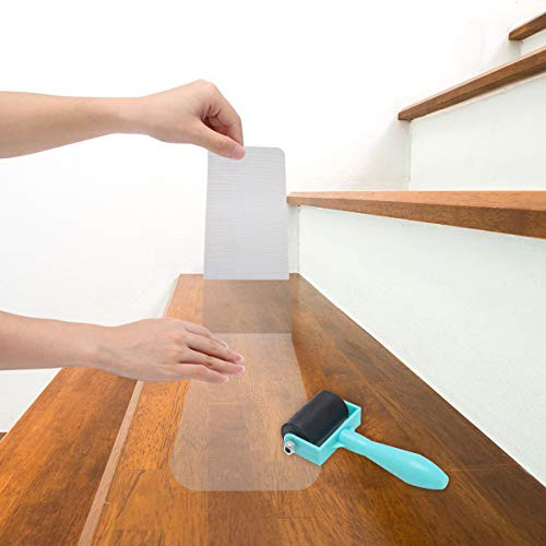 32x 4 Non-Slip Stair Treads Tape(15 Pack), Pre-Cut Clear Anti-Slip Strips with A Roller, Safety for Kids, Elders and Pets, Adhesive Stair Treads