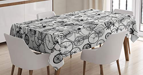 Ambesonne Sketchy Tablecloth, Vintage Retro Bicycle Bike Hand Drawn Vector Abstract Design Image Artwork, Dining Room Kitchen Rectangular Table Cover, 60" X 84", Black White
