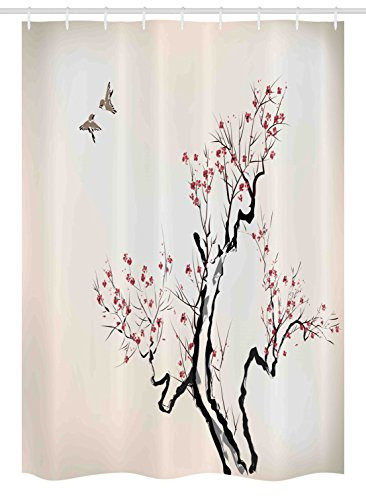 Ambesonne Floral Stall Shower Curtain, Classic Paint Style Artwork Flower Branches Blossom and Flying Birds Pattern, Fabric Bathroom Decor Set with Hooks, 54" X 78", Grey White