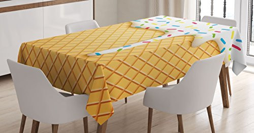 Ambesonne Food Tablecloth, Cartoon Like Image of and Melting Ice Cream Cones Colored Sprinkles Print, Dining Room Kitchen Rectangular Table Cover, 60" X 84", Yellow White