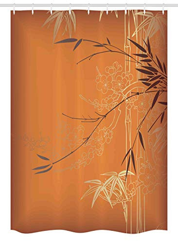 Ambesonne Bamboo Stall Shower Curtain, Bamboo Branches and Flowers Illustration in Vivid Color Eastern Nature Theme, Fabric Bathroom Decor Set with Hooks, 54 W x 78 L Inches, Orange Gold Brown