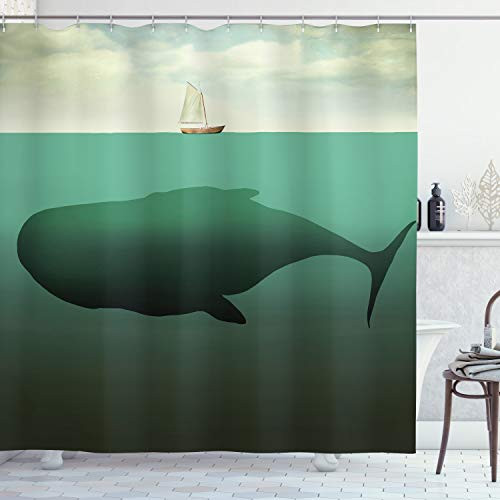 Ambesonne Fantasy Shower Curtain, Surreal Giant Whale in The Middle of Sea and Little Sailboat on The Surface Print, Cloth Fabric Bathroom Decor Set with Hooks, 70" Long, Green Beige
