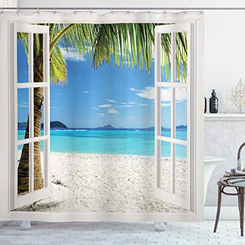 Ambesonne Turquoise Shower Curtain, Tropical Palm Trees on Island Ocean Beach Through White Wooden Windows, Cloth Fabric Bathroom Decor Set with Hooks, 84" Long Extra, White Blue Ambesonne Turquoise Shower Curtain, Tropical Palm Trees on Island Ocean Beach Through White Wooden Windows, Cloth Fabric Bathroom Decor Set with Hooks, 84" Long Extra, White Blue