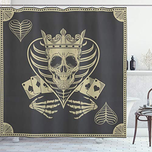 Ambesonne Skull Shower Curtain, Vector Skull Poker Cards Play Game Scary Horror Image with Crown and Heart, Cloth Fabric Bathroom Decor Set with Hooks, 70" Long, Grey Beige