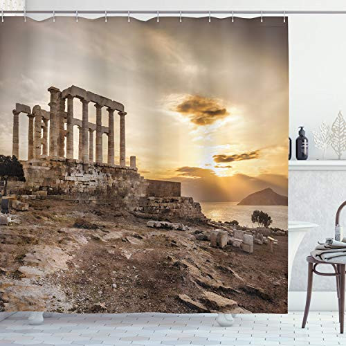 Ambesonne Pillar Shower Curtain, Greek Building Poseidon at The Sunset Sea and The Cloudy Sky Digital Image Print, Cloth Fabric Bathroom Decor Set with Hooks, 70" Long, Beige Taupe